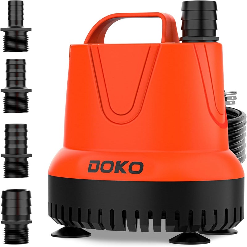 DOKO Small Submersible Water Pump, 850GPH Fish Tank Water Pump with 6FT Power Cord and Handle, Ultra Quiet Pond Pumps with 4 Nozzles and 4 Suction Cups, Pump for Fish Tank Pond Aquarium, Orange Black - Image 1